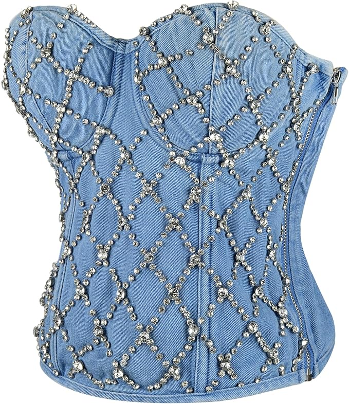 Slim Denim Grid Zipper Top – Off-Shoulder Lace-Up Crop for Women