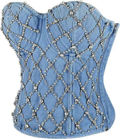 Slim Denim Grid Zipper Top – Off-Shoulder Lace-Up Crop for Women