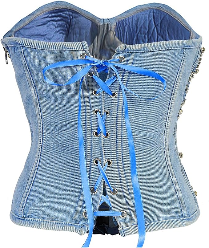 Slim Denim Grid Zipper Top – Off-Shoulder Lace-Up Crop for Women