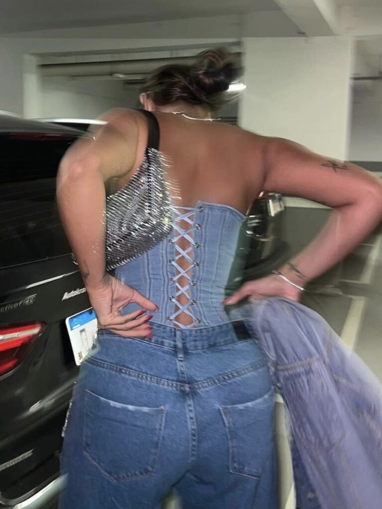 Slim Denim Grid Zipper Top – Off-Shoulder Lace-Up Crop for Women