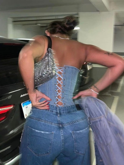 Slim Denim Grid Zipper Top – Off-Shoulder Lace-Up Crop for Women