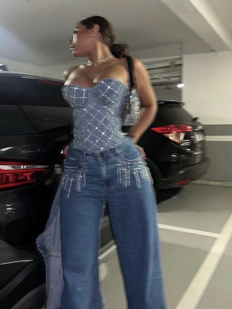 Slim Denim Grid Zipper Top – Off-Shoulder Lace-Up Crop for Women