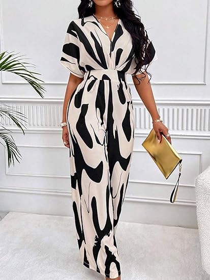 Bold Ink Print V-Neck Batwing Sleeve Wide-Leg Jumpsuit