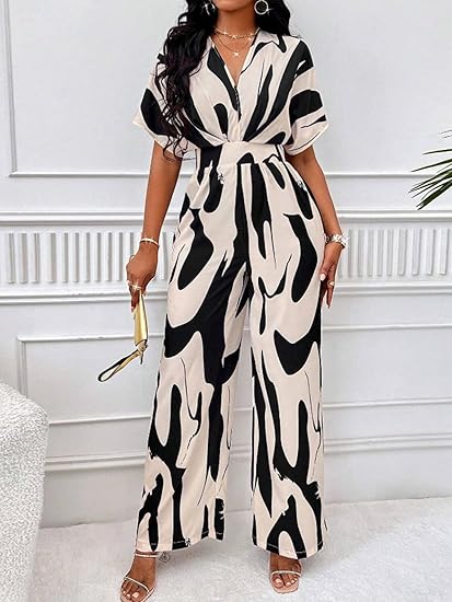 Bold Ink Print V-Neck Batwing Sleeve Wide-Leg Jumpsuit