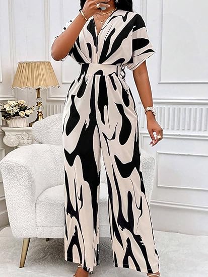 Bold Ink Print V-Neck Batwing Sleeve Wide-Leg Jumpsuit