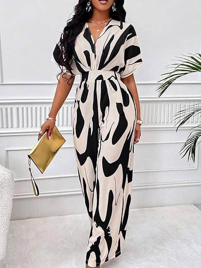 Bold Ink Print V-Neck Batwing Sleeve Wide-Leg Jumpsuit