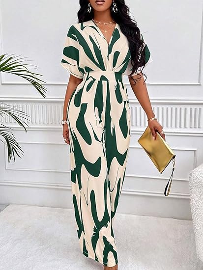 Bold Ink Print V-Neck Batwing Sleeve Wide-Leg Jumpsuit
