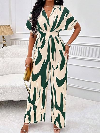 Bold Ink Print V-Neck Batwing Sleeve Wide-Leg Jumpsuit
