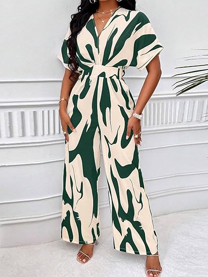 Bold Ink Print V-Neck Batwing Sleeve Wide-Leg Jumpsuit