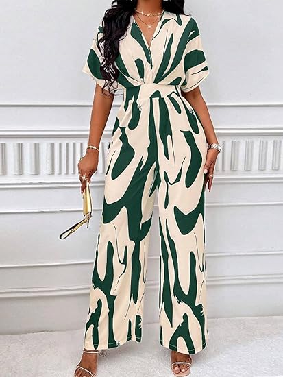 Bold Ink Print V-Neck Batwing Sleeve Wide-Leg Jumpsuit