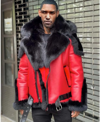 Men’s Red Luxury Thickened Fur Collar Leather Jacket – Winter Warm Slim-Fit Lapel Coat with Plush Trim