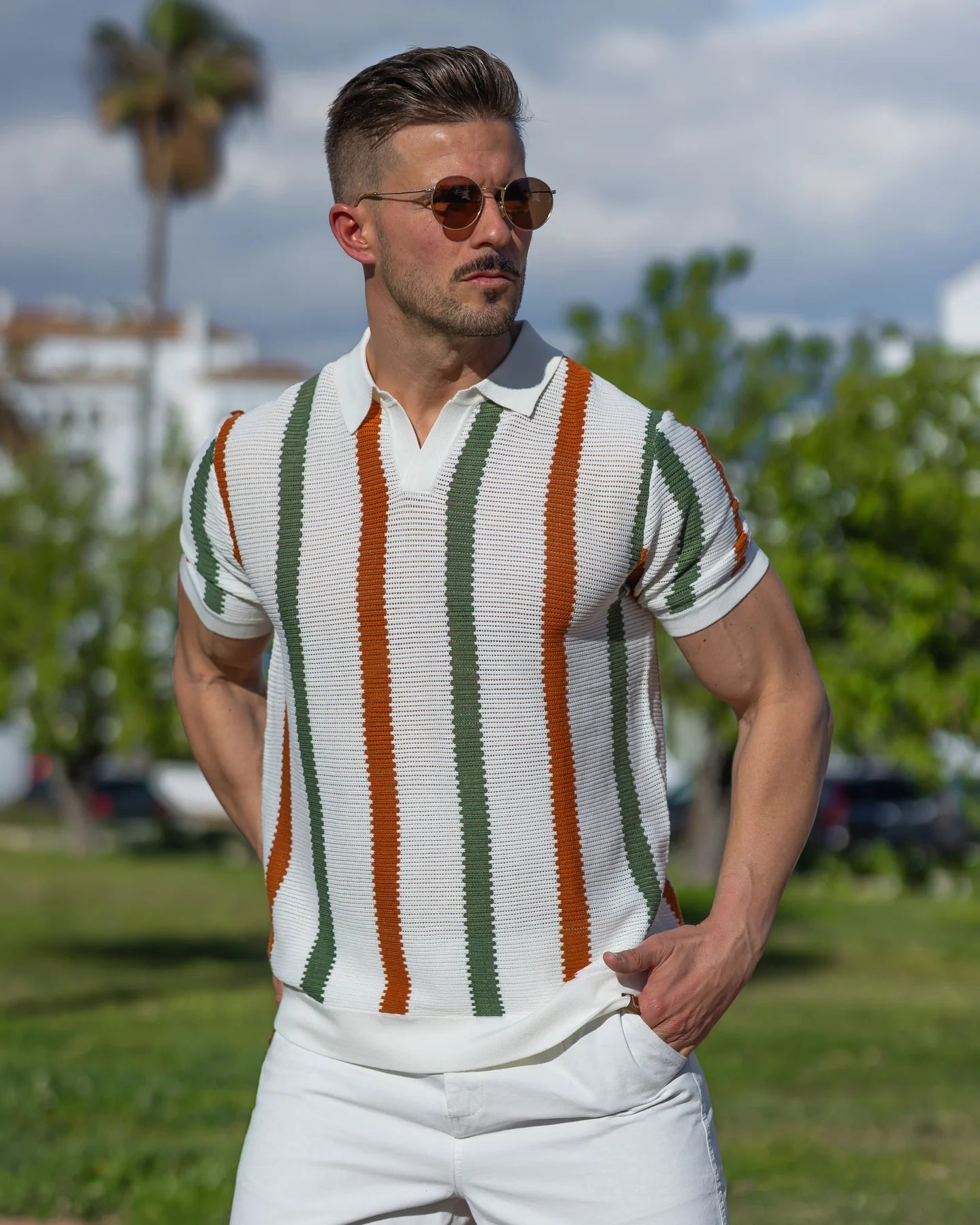 Men’s Summer Hollow Knit Polo Shirt – Breathable Striped Short Sleeve Top