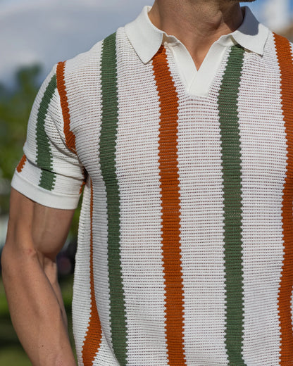 Men’s Summer Hollow Knit Polo Shirt – Breathable Striped Short Sleeve Top