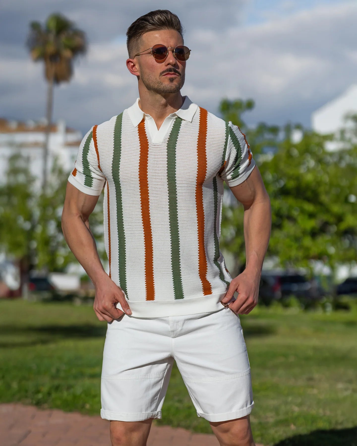 Men’s Summer Hollow Knit Polo Shirt – Breathable Striped Short Sleeve Top