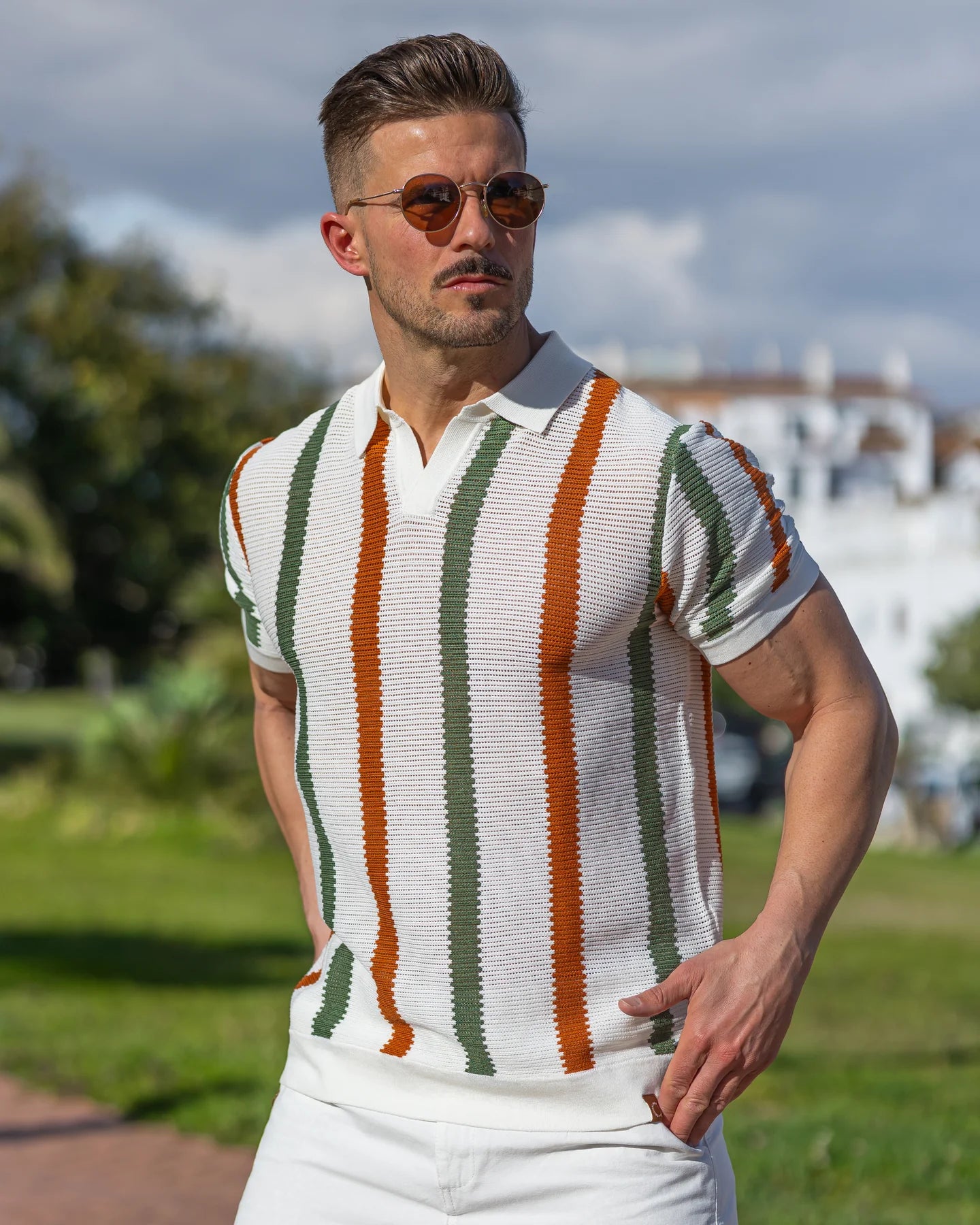 Men’s Summer Hollow Knit Polo Shirt – Breathable Striped Short Sleeve Top