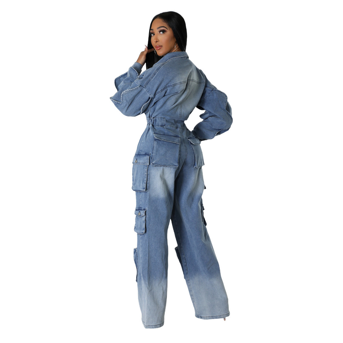 👖 Washed Multi-Pocket Wide-Leg Denim Jumpsuit – Street Style Utility Overalls