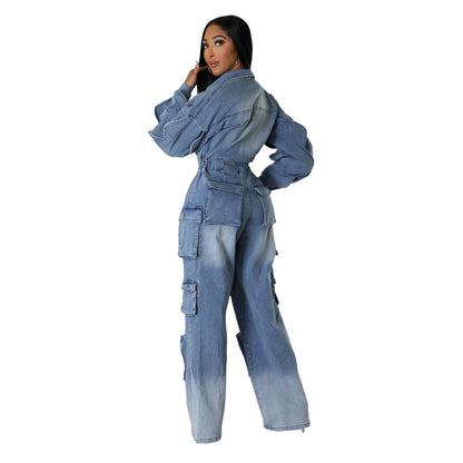 👖 Washed Multi-Pocket Wide-Leg Denim Jumpsuit – Street Style Utility Overalls