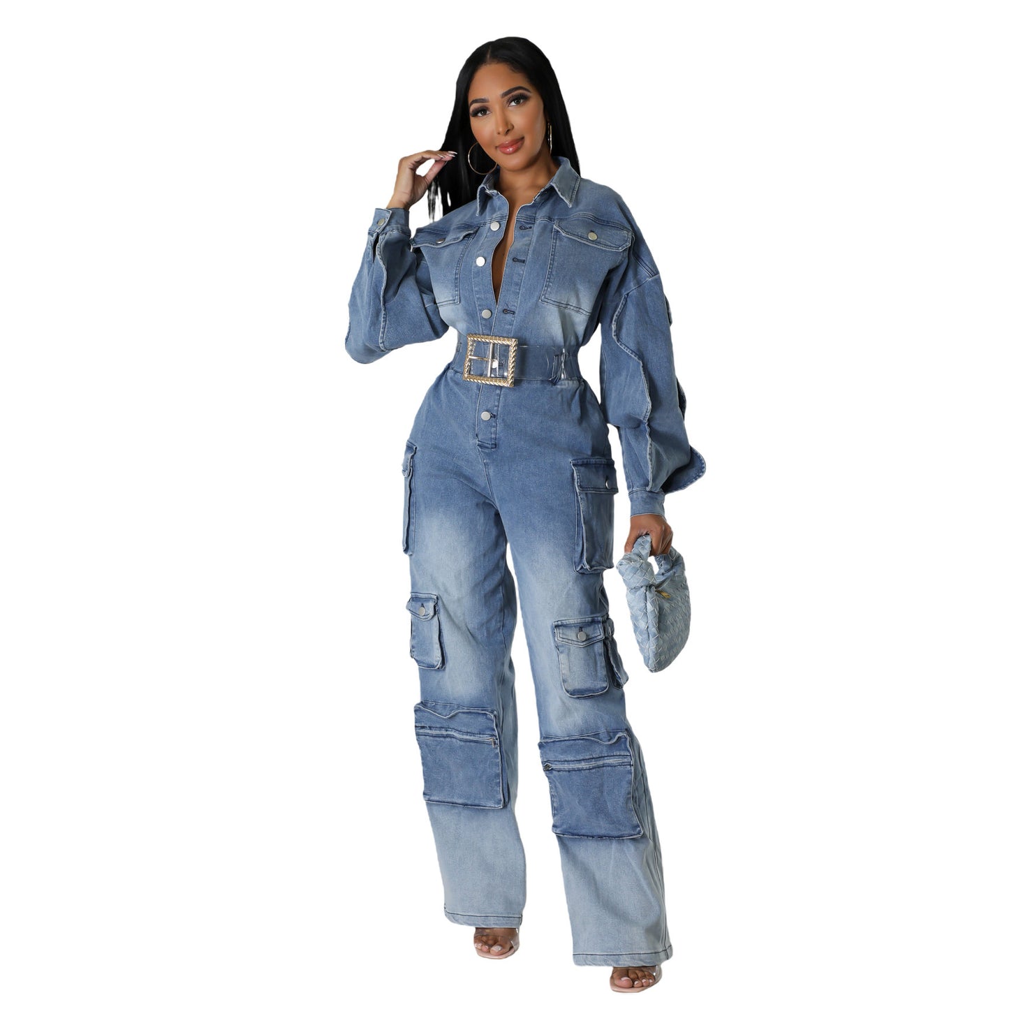 👖 Washed Multi-Pocket Wide-Leg Denim Jumpsuit – Street Style Utility Overalls