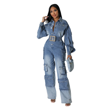 👖 Washed Multi-Pocket Wide-Leg Denim Jumpsuit – Street Style Utility Overalls