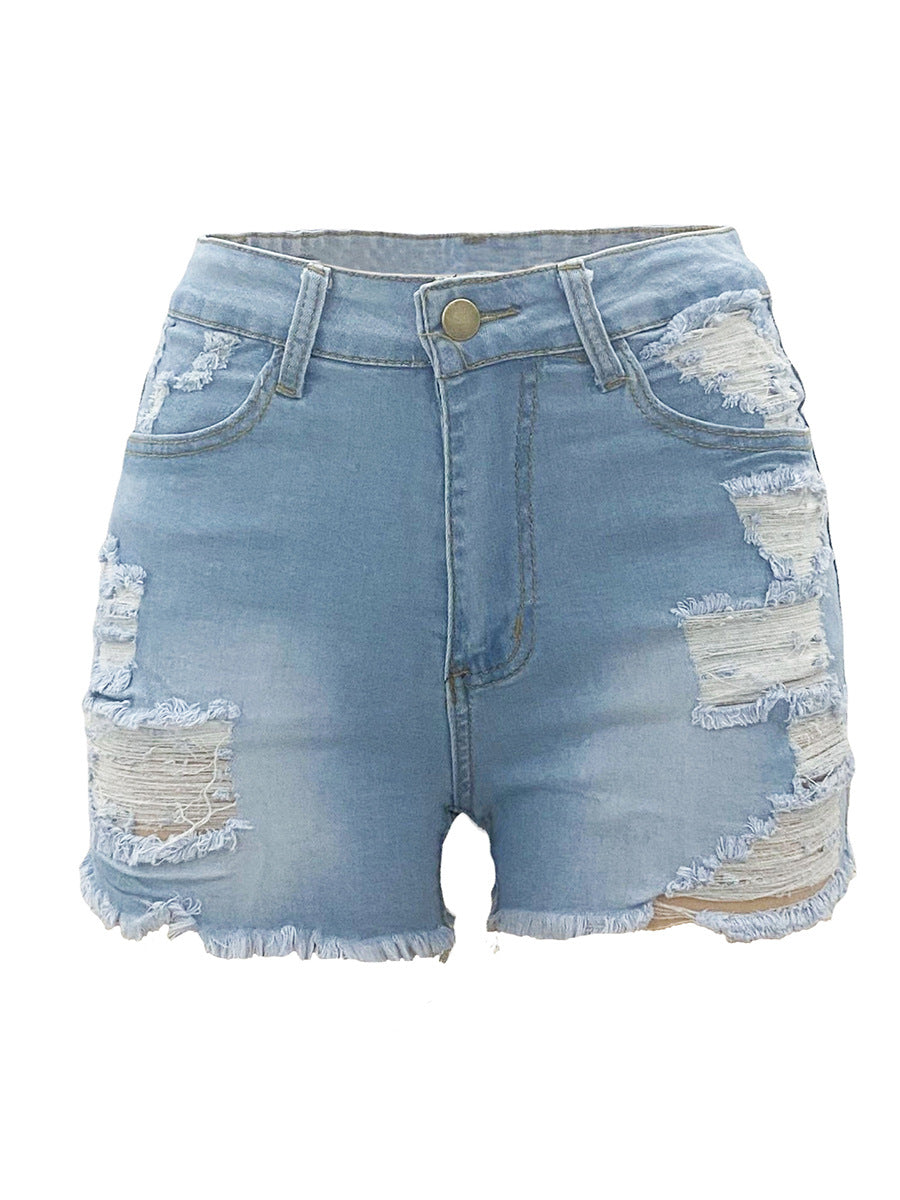 High Elastic Ripped Denim Shorts – Stretch Fit & Raw Edge Style