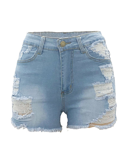 High Elastic Ripped Denim Shorts – Stretch Fit & Raw Edge Style