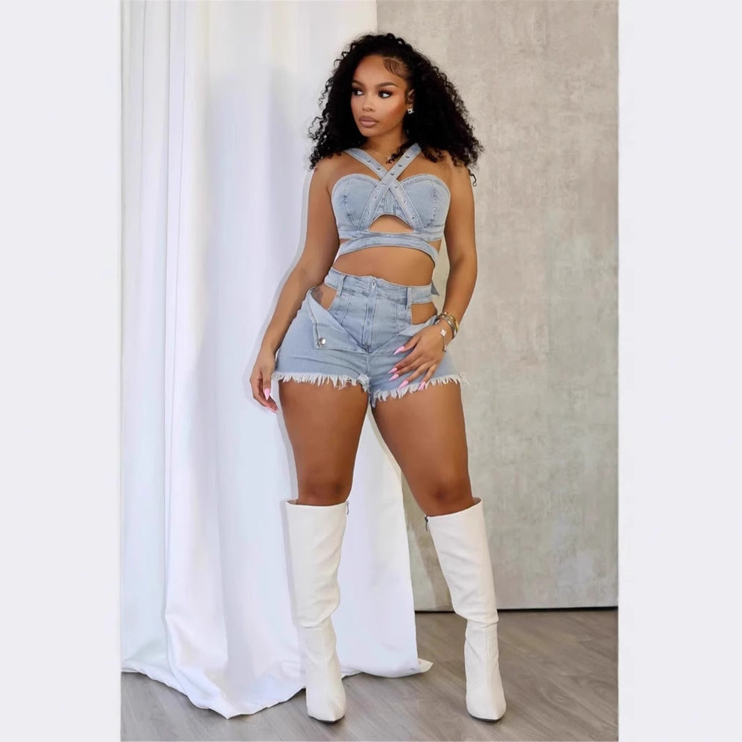 Washed Denim Criss-Cross Vest & Cutout Shorts Set – Streetwear Chic