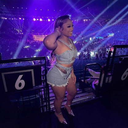 Washed Denim Criss-Cross Vest & Cutout Shorts Set – Streetwear Chic