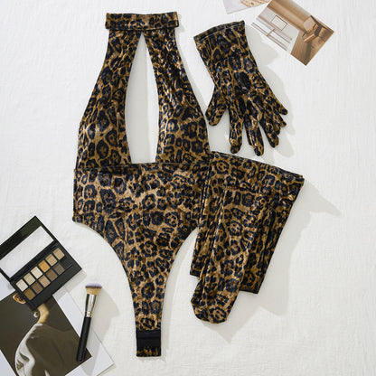 Wild Seduction Leopard Bodysuit Set – Fierce Fashion with Gloves & Leggings