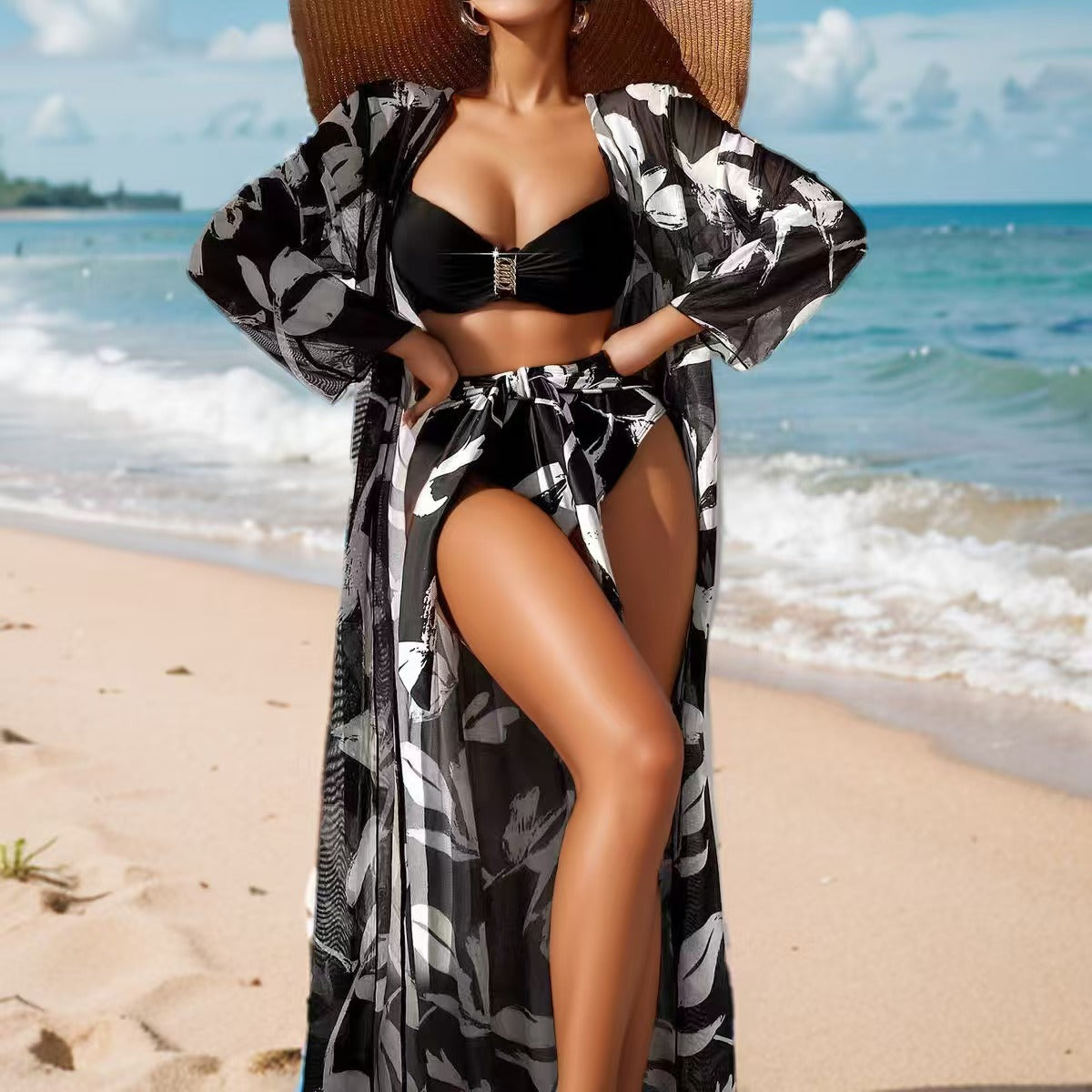 Women's 3-Piece Bikini Swimsuit Set – High-Waist Bikini with Long Sleeve Cover-Up Shirt