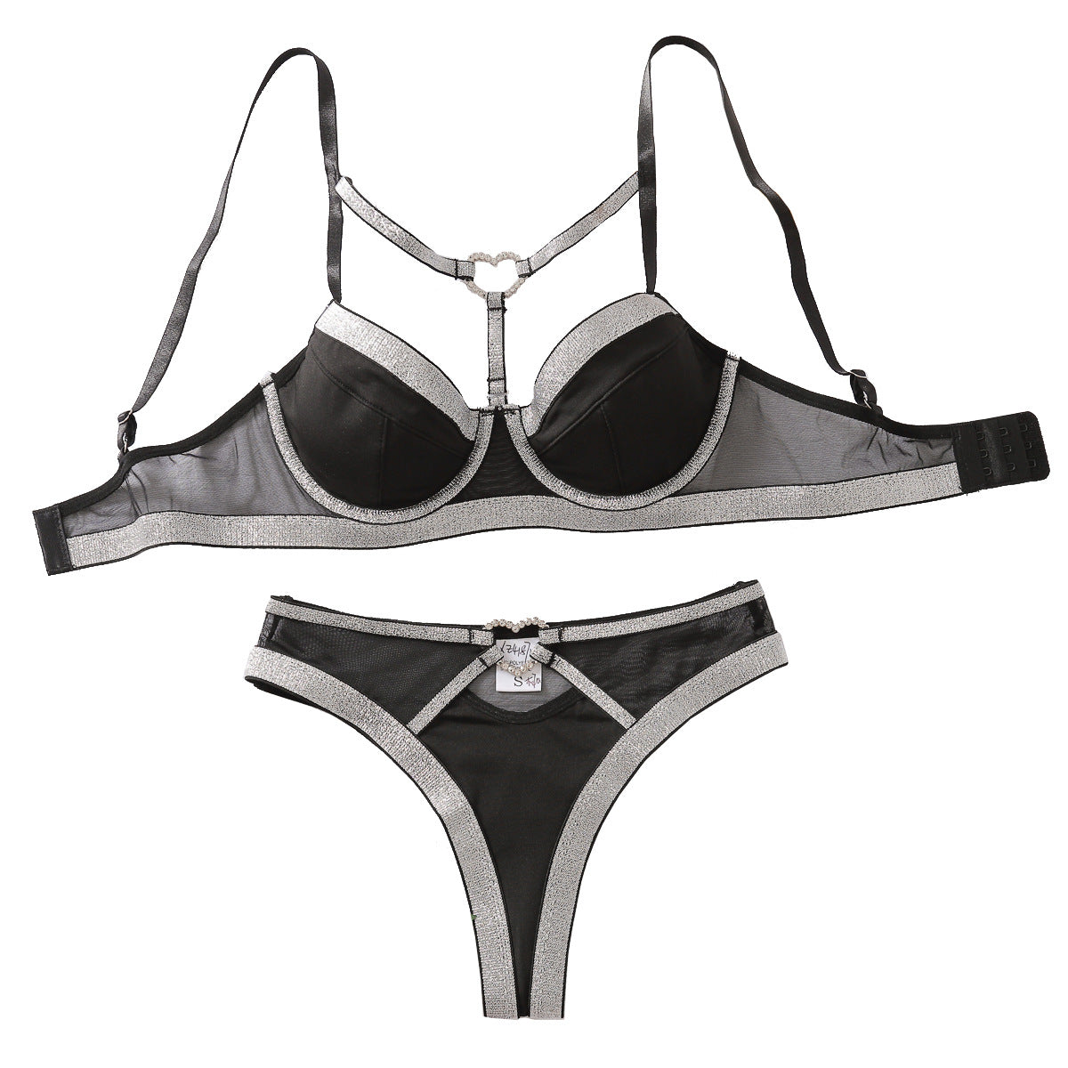 Midnight Allure Luxury Mesh Lace-Up Lingerie Set – Black & Silver Two-Piece