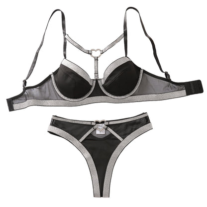 Midnight Allure Luxury Mesh Lace-Up Lingerie Set – Black & Silver Two-Piece