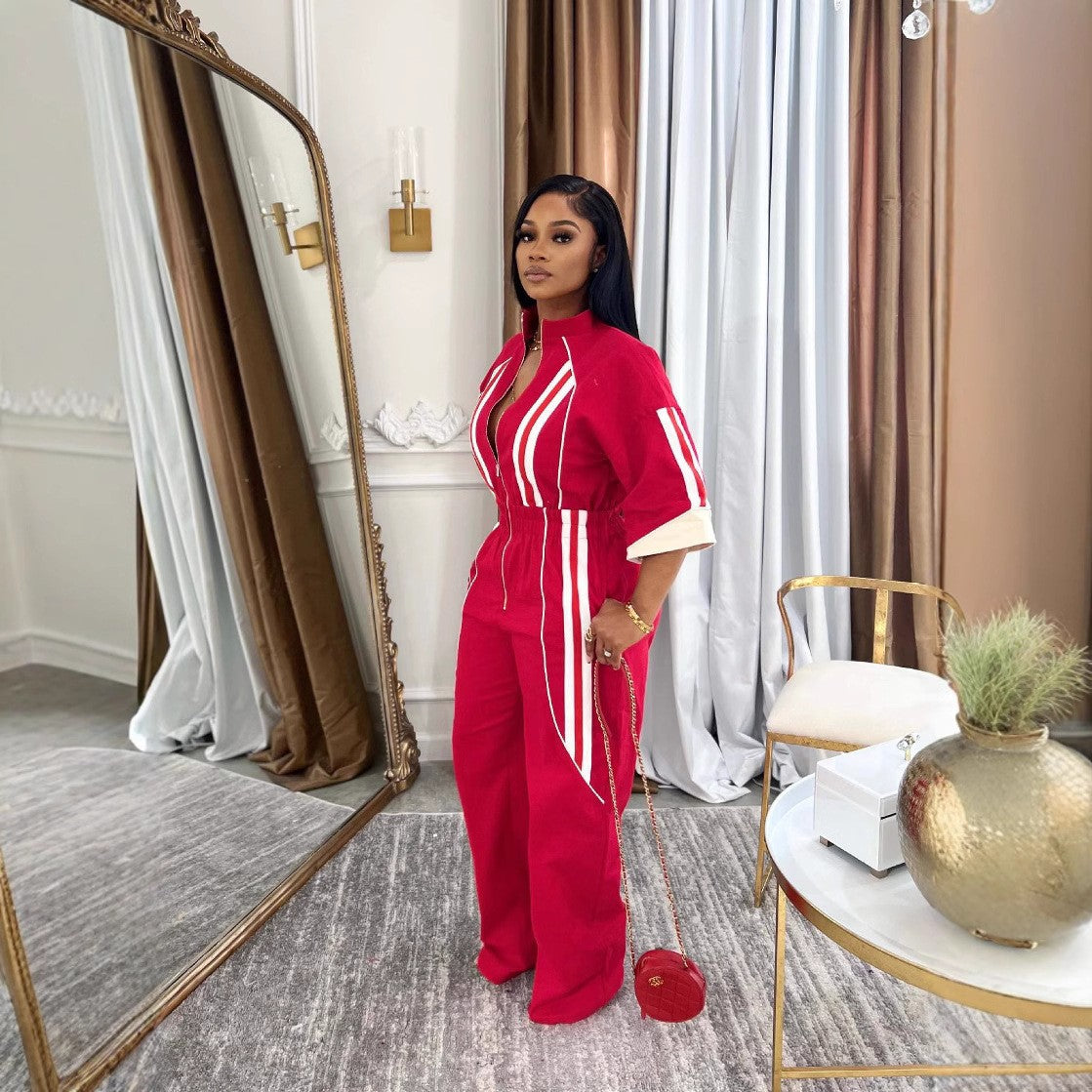 Bold Striped Zip-Up Jumpsuit with Stand Collar & Cinched Waist