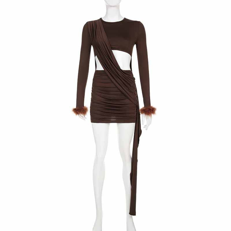 Glam Cutout Bodycon Mini Dress – Brown Long Sleeve Fur Cuff Ruffle Hem