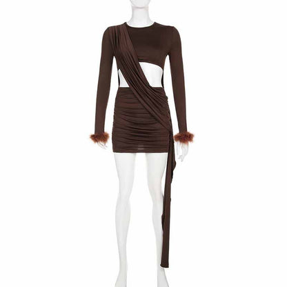 Glam Cutout Bodycon Mini Dress – Brown Long Sleeve Fur Cuff Ruffle Hem