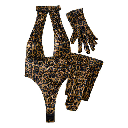 Wild Seduction Leopard Bodysuit Set – Fierce Fashion with Gloves & Leggings