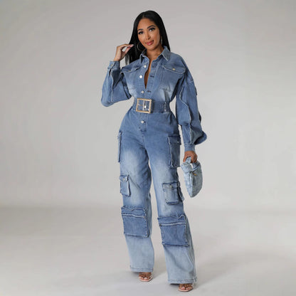 👖 Washed Multi-Pocket Wide-Leg Denim Jumpsuit – Street Style Utility Overalls