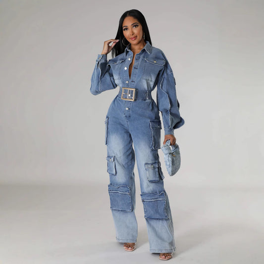 👖 Washed Multi-Pocket Wide-Leg Denim Jumpsuit – Street Style Utility Overalls