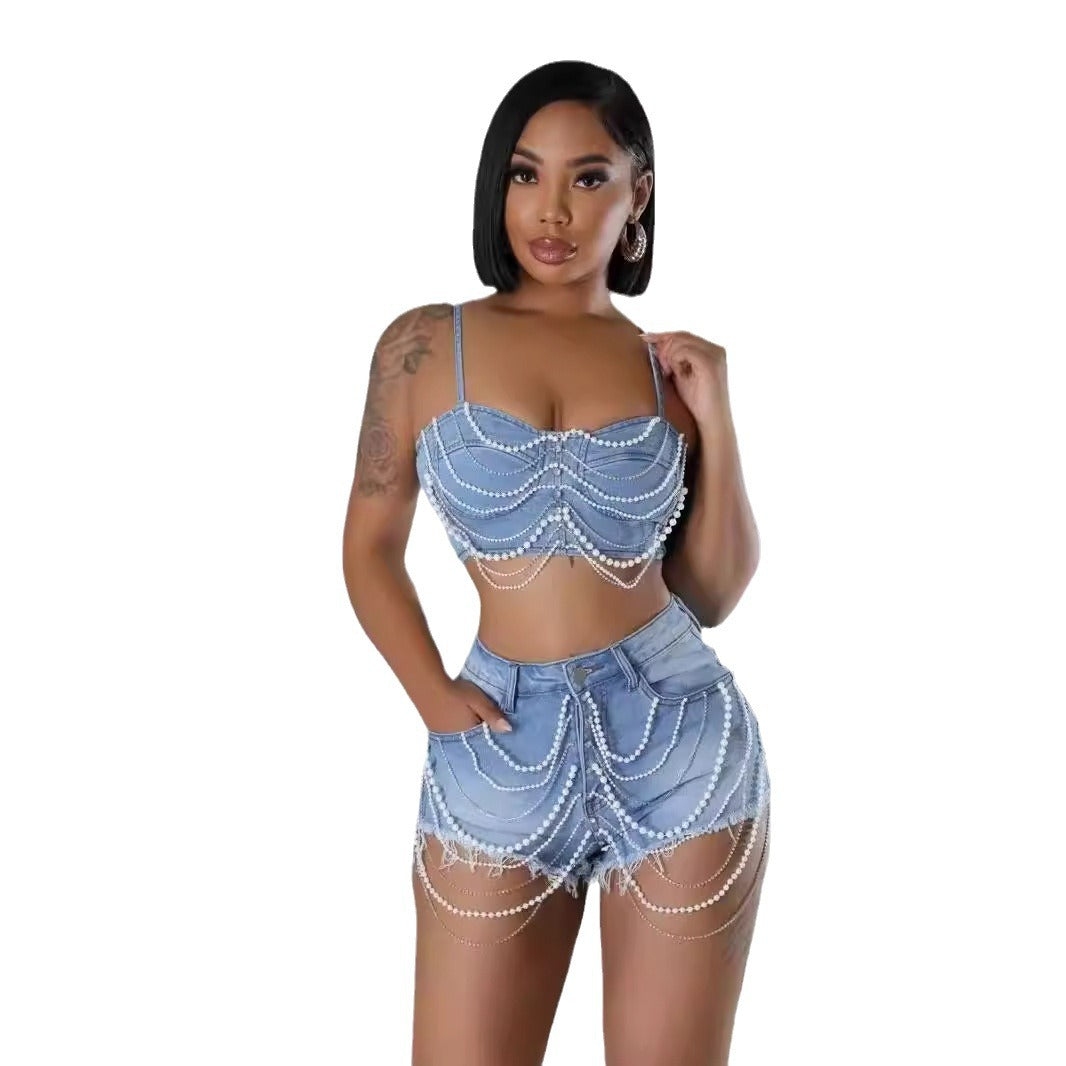 Glam Pearl Chain Denim Set – Beaded Bustier Top & High-Waist Fringe Shorts