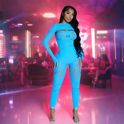 GlimmerGlow Hollow Lace Jeweled High-Waist Jumpsuit