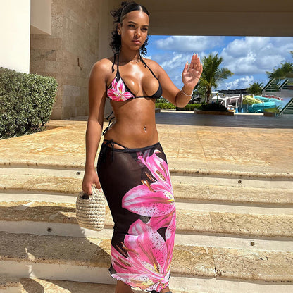 Women's Sexy Summer Three-Piece Set – Printed Lace-Up Crop Top, Skirt & Cover-Up