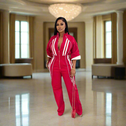 Bold Striped Zip-Up Jumpsuit with Stand Collar & Cinched Waist