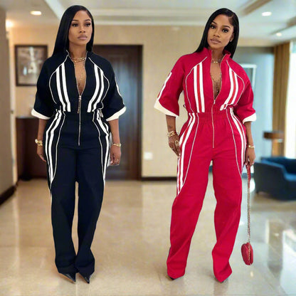 Bold Striped Zip-Up Jumpsuit with Stand Collar & Cinched Waist