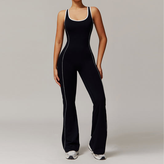 Contrast Stitch Racerback Flared Yoga Jumpsuit – Moisture-Wicking & Sculpting Fit