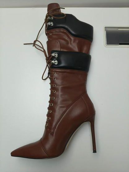 Women's Double-Layer Lace-Up Stiletto Boots – High Heel Pointed Toe