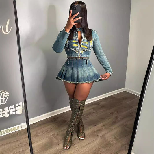 Embroidered Distressed Denim Jacket & Pleated Mini Skirt Set