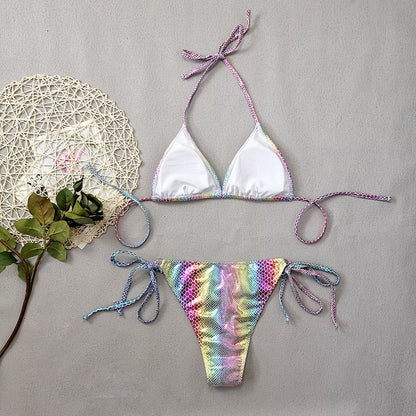 Gradient Snakeskin Print Triangle Bikini Set – Bronzed Patent Look, Quick-Dry Fabric