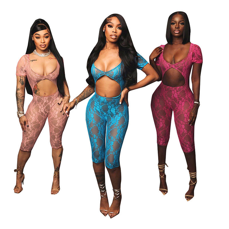 Women's Sexy Lace Stitch U-Neck Cropped Hollow Jumpsuit Shorts – Street Hipster Style