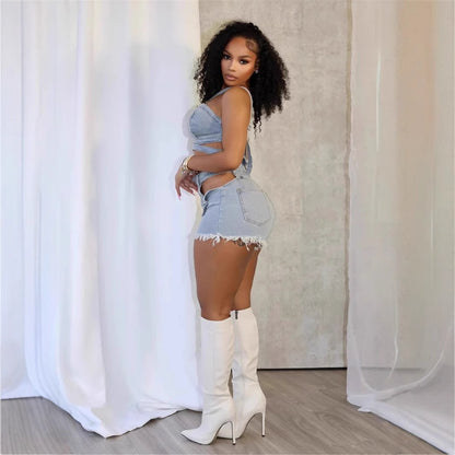 Washed Denim Criss-Cross Vest & Cutout Shorts Set – Streetwear Chic