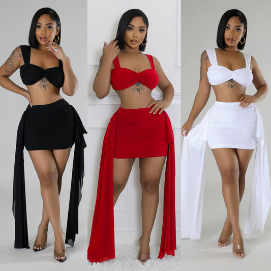 Lotus Elegance Two-Piece Set – Ruffled Mesh Crop Top & Skirt Ensemble