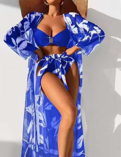 Women's 3-Piece Bikini Swimsuit Set – High-Waist Bikini with Long Sleeve Cover-Up Shirt
